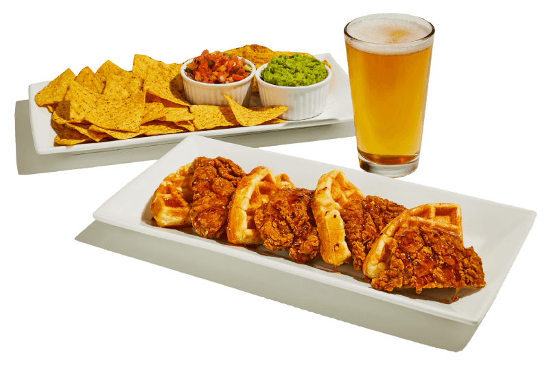 Chicken and waffles, nachos, and beer.
