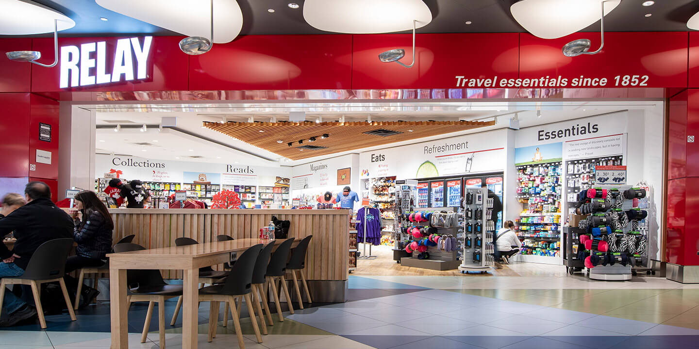 View into large Relay storefront with red border