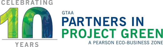 A celebratory logo marking 10 years of collaboration between the GTAA and Partners in Project Green
