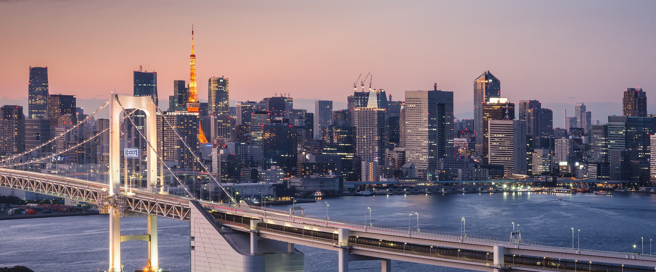 A bridge in the foreground against the cityscape of a major urban centre