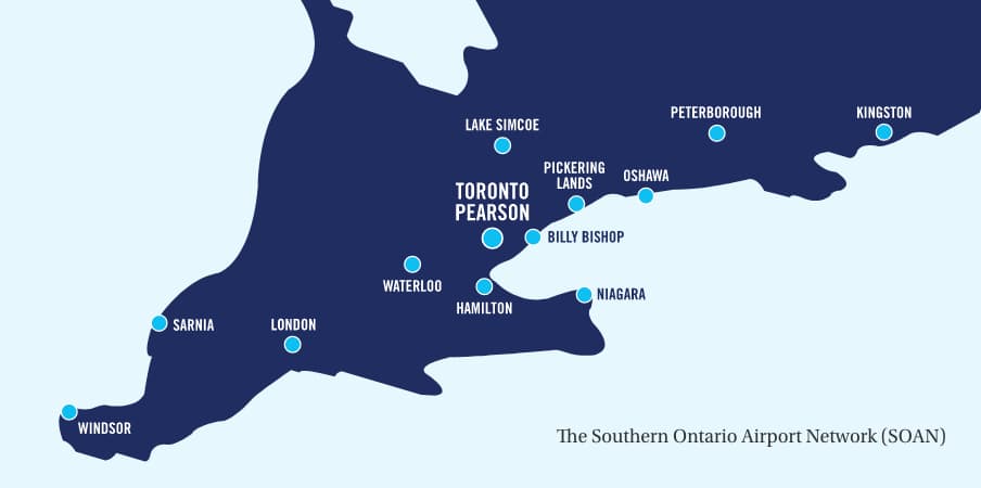 A map of southern Ontario, showing airports that are part of the Southern Ontario Airport Network: Toronto Pearson, Billy Bishop in Toronto, Pickering Lands, Oshawa, Lake Simcoe, Peterborough, Kingston, Waterloo, Hamilton, Niagara, London, Sarnia and Windsor