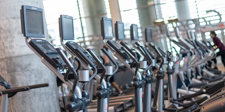 Row of elliptical machines.