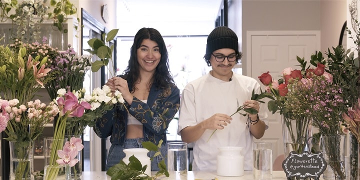 Flowerette bouquets being created